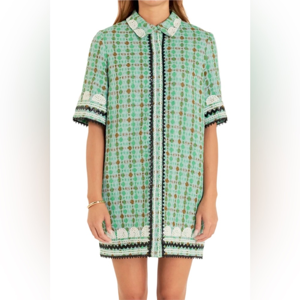 English Factory Tweed Mini Shirt Dress With Ric Rac Trim